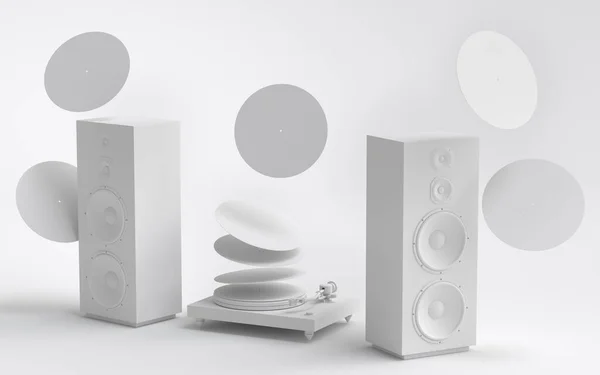 Set of Hi-fi speakers with loudspeakers and DJ turntable on monochrome background. 3d render audio equipment like boombox and vinyl record player for sound recording studio