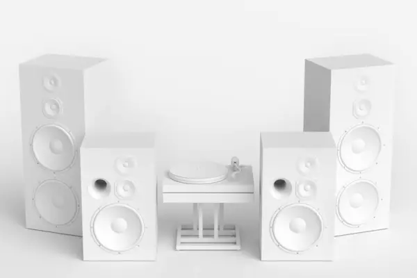 Set Lautsprecher Mit Lautsprechern Und Plattenspieler Auf Monochromem Hintergrund Rendering — Stockfoto