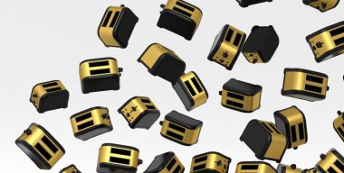 Birçok uçan paslanmaz çelik tost makinesi beyaz arka planda ekmek yapmak için. Günaydın konsepti ve kahvaltı zamanı.