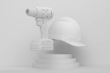 Monokrom arka planında elektrikli matkap ve kask olan soyut sahne ya da podyum. Sahne 3 boyutlu sunum sunum marangoz aracı sahne, kaide veya platform onarımı ve inşası için