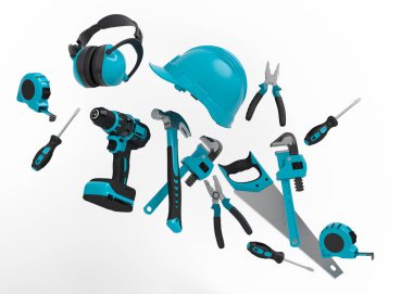 Beyaz arka planda onarım ve kurulum için yeşil inşaat araçlarının uçuş görüntüsü. Tesisatçı ya da tamirci için 3D tasvir ve hizmet afişi