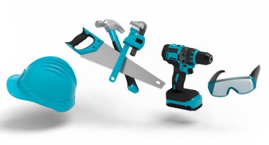 Beyaz arka planda onarım ve kurulum için yeşil inşaat araçlarının uçuş görüntüsü. Tesisatçı ya da tamirci için 3D tasvir ve hizmet afişi