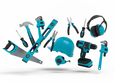 Beyaz arka planda onarım ve kurulum için yeşil inşaat araçlarının uçuş görüntüsü. Tesisatçı ya da tamirci için 3D tasvir ve hizmet afişi