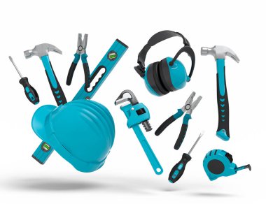 Beyaz arka planda onarım ve kurulum için yeşil inşaat araçlarının uçuş görüntüsü. Tesisatçı ya da tamirci için 3D tasvir ve hizmet afişi