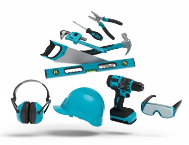 Beyaz arka planda onarım ve kurulum için yeşil inşaat araçlarının uçuş görüntüsü. Tesisatçı ya da tamirci için 3D tasvir ve hizmet afişi