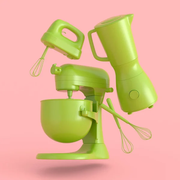 Mixer and hand mixer with kitchen utensil and whisks for preparation of dough and cocktails on monochrome background. 3d render cooking process step by step and accessories for cooking and mixing