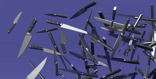 Menekşe Arka Planda Uçan Aşçıların Mutfak Bıçakları Var Boyutlu Kasap Telifsiz Stok Imajlar