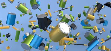 Birçok uçan metal teneke ya da boya silindirli kova mavi arka planda fırçalanır. 3D yenileme konsepti ve iç tasarım