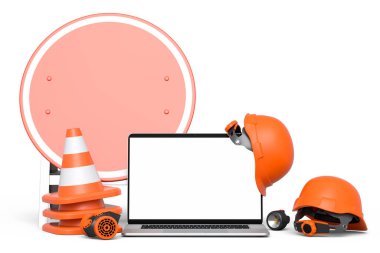 Güvenlik kaskı veya başlık seti, trafik konileri ve beyaz arka planda dizüstü bilgisayarın yanında yol çalışması için imza. Marangozluk araçları ile web sitesinin bakım altında 3d görüntülenmesi