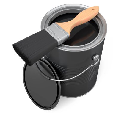 Beyaz arka planda boya fırçası olan metal kutular ya da kovalar. 3D yenileme konsepti ve iç tasarım