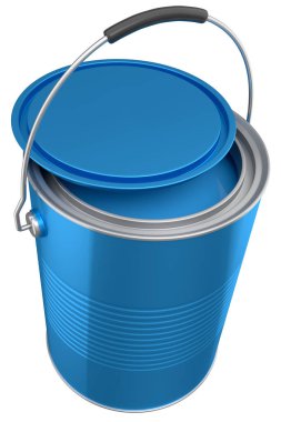 Açık metal kutu ya da beyaz arka planda tutacağı olan boya kovaları. 3D yenileme konsepti ve iç tasarım