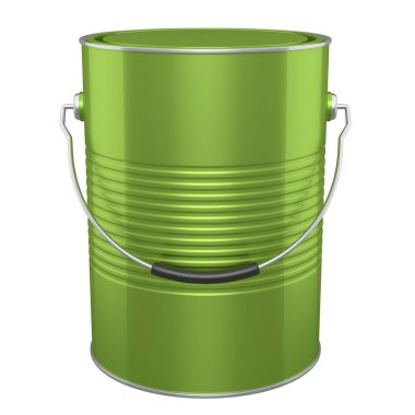 Kapalı metal kutu ya da beyaz arka planda tutacağı olan boya kovaları. 3D yenileme konsepti ve iç tasarım