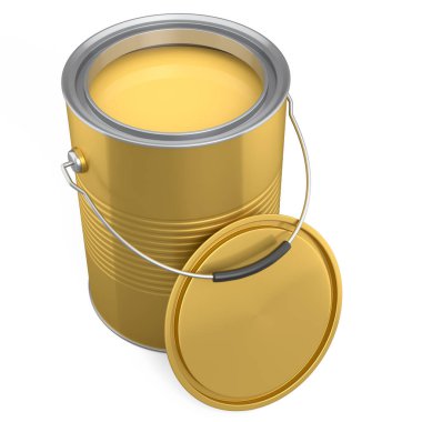 Açık metal kutu ya da beyaz arka planda tutacağı olan boya kovaları. 3D yenileme konsepti ve iç tasarım