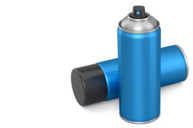 Beyaz arka planda izole edilmiş sprey boya kutuları. 3D render sprey boya şişesi ve şeker kutusu.