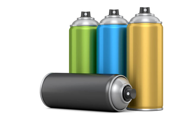 Set of spray paint cans isolated on white background. 3d render spray paint bottle and dispenserCan of spray paint isolated on white background. 3d render spray paint bottle and dispenser