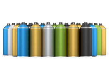 Beyaz arka planda renkli sprey boya kutuları. 3 boyutlu sprey boya şişesi ve beyaz arka planda izole edilmiş sprey boya kutusu. 3D render sprey boya şişesi ve şeker kutusu.