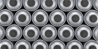 Beyaz arka planda gümüş renkli sprey boya kutuları. 3 boyutlu sprey boya şişesi ve beyaz arka planda izole edilmiş sprey boya kutusu. 3D render sprey boya şişesi ve şeker kutusu.