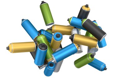 Beyaz arka planda bir sürü uçan sprey boya kutusu var. 3 boyutlu sprey boya şişesi ve beyaz arka planda izole edilmiş sprey boya kutusu. 3D render sprey boya şişesi ve şeker kutusu.