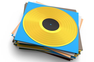 Black vinyl LP record with heap of covers isolated on white background. 3d render of musical long play album disc 33 rpm