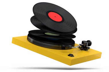 Vinyl record player or DJ turntable with flying vinyl plate on white background. 3d render of sound equipment and concept for sound entertainment.