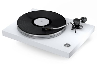 Vinyl record player or DJ turntable with retro vinyl disk on white background. 3d render of sound equipment and concept for sound entertainment.