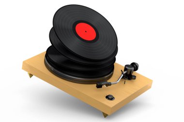 Vinyl record player or DJ turntable with flying vinyl plate on white background. 3d render of sound equipment and concept for sound entertainment.