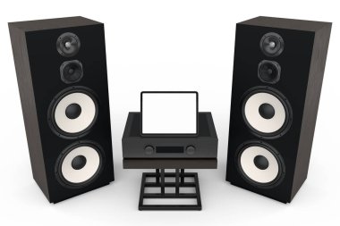 Hoparlörlü Hi-Fi hoparlörleri ve beyaz arka planda DJ pikabı. Ses kayıt stüdyosu için müzik kutusu ve vinil plak çalar gibi 3D ses ekipmanları oluştur