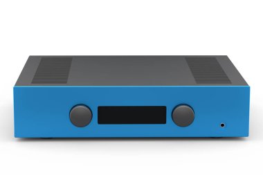 Pikablı HiFi sistemi ve beyaz arka planda ev sineması için yükseltici. Dinleme müziği için 3d yorumlama konsepti