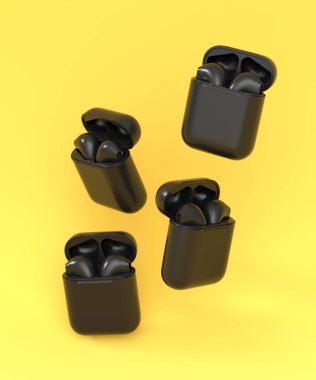 Sarı arka planda izole edilmiş şarj çantasındaki tek renkli kablosuz bluetooth kulaklıklar. Müzik dinlemek ya da evden uzak çalışmak için aksesuarların 3B görüntülenmesi