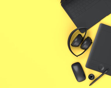Tek renkli tasarım çalışma alanının üst görüntüsü ve dizüstü bilgisayar, tablet, fare ve telefon gibi cihazlar siyah sarı arka planda. Çizim, çizim ve illüstratör veya fotoğrafçılık için 3D aksesuar hazırlayıcı