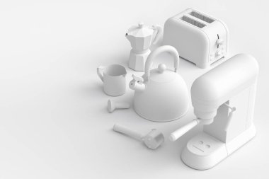 Tek renkli arka planda kahvaltı hazırlamak için elektrikli mutfak aletleri ve aletleri. Pişirme, pişirme, karıştırma ve kırbaçlama için 3D mutfak gereçleri