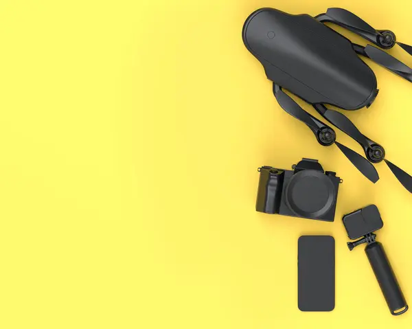 Top view of monochrome designer workspace and gear like nonexistent DSLR camera, mobile phone, drone and action camera on selfie stick on yellow background. 3d render of accessories for live streaming