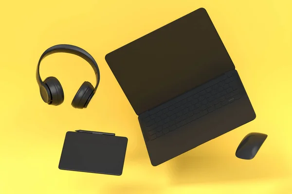 Monochrome aluminum laptop with graphic tablet, mouse and headphones isolated on yellow background. 3D rendering concept of creative designer equipment and compact workspace