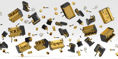 Kornalı, fincanlı, gayzer kahve makineli ve beyaz arka planda öğütücülü uçan espresso kahve makinesi. Cappuccino, americano, espresso, mocha, latte yapmak için 3D kahve demliği.