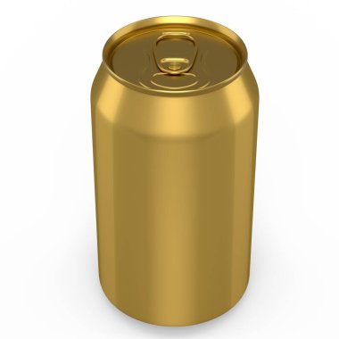 Beyaz arka planda izole edilmiş altın alüminyum bira ya da soda kutusu. Mini buzdolabı için 3 boyutlu alkollü içecek kutusu.