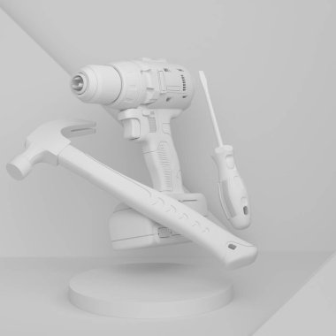 Tek renkli arka planda marangoz aletleri olan soyut sahne ya da podyum. Sahne 3 boyutlu sunum sunum marangoz aracı sahne, kaide veya platform onarımı ve inşası için