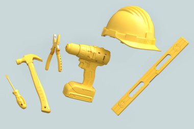 Gri arka planda monokrom tamir ve montaj için uçan inşaat araçları. Tesisatçı ya da tamirci için 3D tasvir ve hizmet afişi