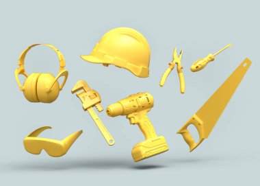 Gri arka planda monokrom tamir ve montaj için uçan inşaat araçları. Tesisatçı ya da tamirci için 3D tasvir ve hizmet afişi