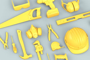 Gri arkaplandaki monokrom inşaat araçlarının üst görüntüsü. Tesisatçı ya da tamirci için 3D tasvir ve hizmet afişi