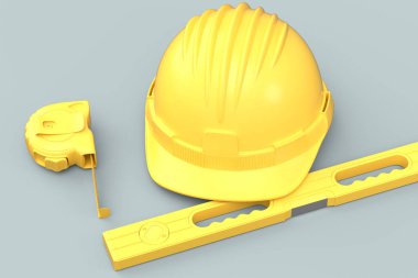 Gri arkaplandaki monokrom inşaat araçlarının üst görüntüsü. Tesisatçı ya da tamirci için 3D tasvir ve hizmet afişi