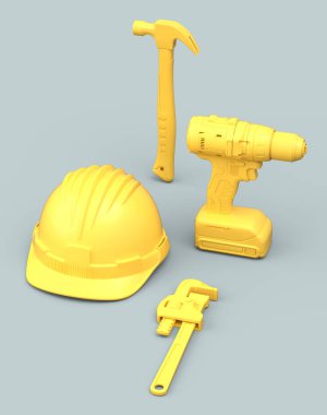 Gri arkaplandaki monokrom inşaat araçlarının üst görüntüsü. Tesisatçı ya da tamirci için 3D tasvir ve hizmet afişi