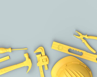 Gri arkaplandaki monokrom inşaat araçlarının üst görüntüsü. Tesisatçı ya da tamirci için 3D tasvir ve hizmet afişi