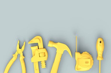 Gri arkaplandaki monokrom inşaat araçlarının üst görüntüsü. Tesisatçı ya da tamirci için 3D tasvir ve hizmet afişi