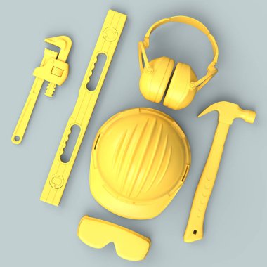 Gri arkaplandaki monokrom inşaat araçlarının üst görüntüsü. Tesisatçı ya da tamirci için 3D tasvir ve hizmet afişi