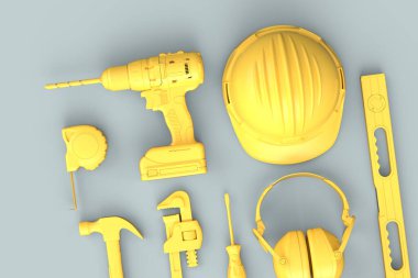 Gri arkaplandaki monokrom inşaat araçlarının üst görüntüsü. Tesisatçı ya da tamirci için 3D tasvir ve hizmet afişi