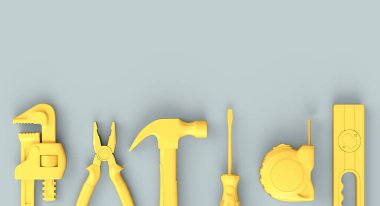 Gri arkaplandaki monokrom inşaat araçlarının üst görüntüsü. Tesisatçı ya da tamirci için 3D tasvir ve hizmet afişi