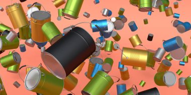 Pembe arka planda bir sürü uçan metal kutu ya da kova var. 3D yenileme konsepti ve iç tasarım