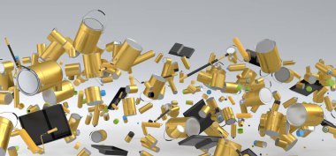 Birçok uçan metal teneke ya da boya silindirli kova beyaz arka planda fırçalanır. 3D yenileme konsepti ve iç tasarım