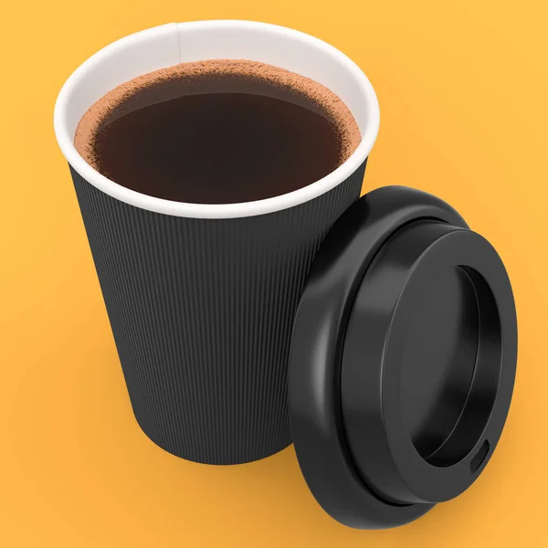 Paper coffee cup with cover for cappuccino, americano, espresso, mocha, latte, cocoa on yellow background. 3d render of concept takeaway food and drink in recycling packaging