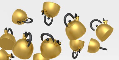 Birçok uçan çelik soba ısıtıcısı beyaz arka planda ıslık çaldı. Ev yapımı mutfak aletleri ve çaydanlık gibi aletler